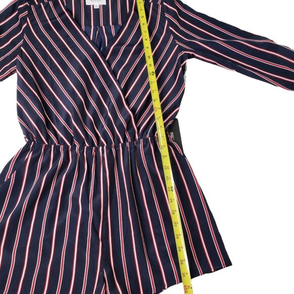 Striped Navy & Red Long-Sleeve Wrap Romper By Korye pockets Size M - Picture 10 of 12